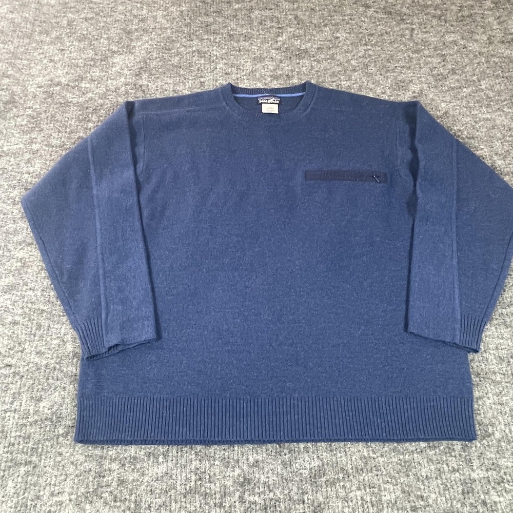 VTG Patagonia Sweater Mens Large Blue Wool Pocket Pullover Outdoor Hiking Retro